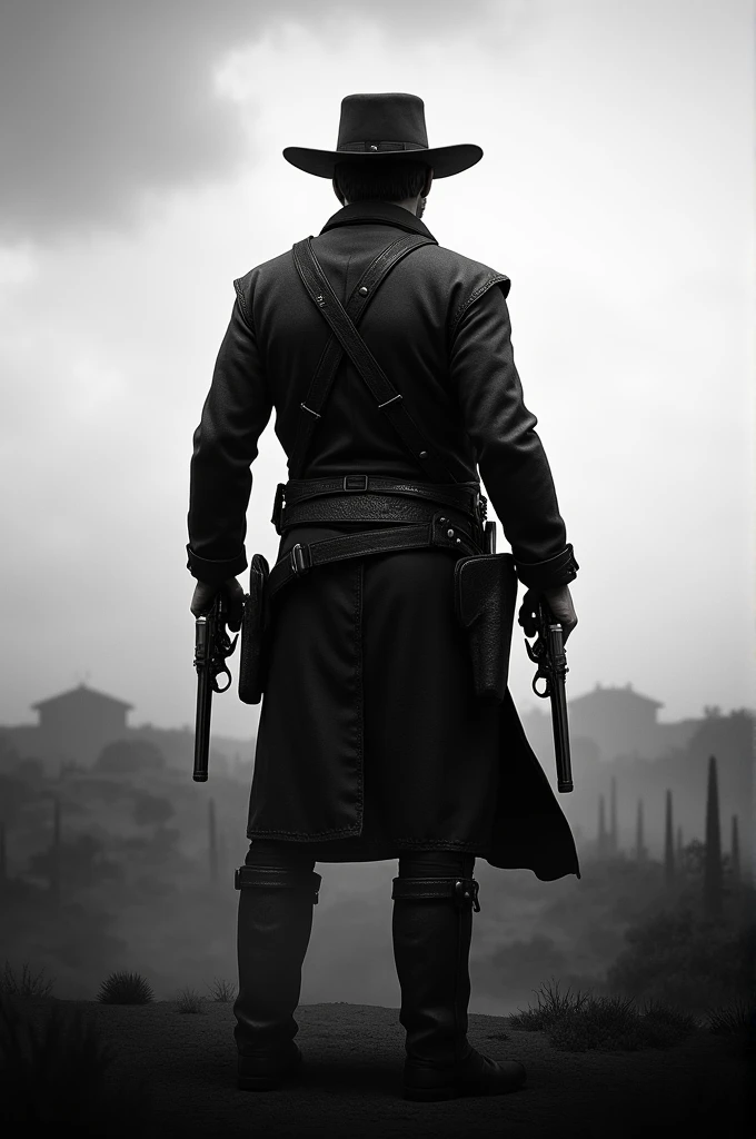 Wallpaper baseado em red dead redemption (black andwhite) where the cowboy stands with his back turned with his guns drawn