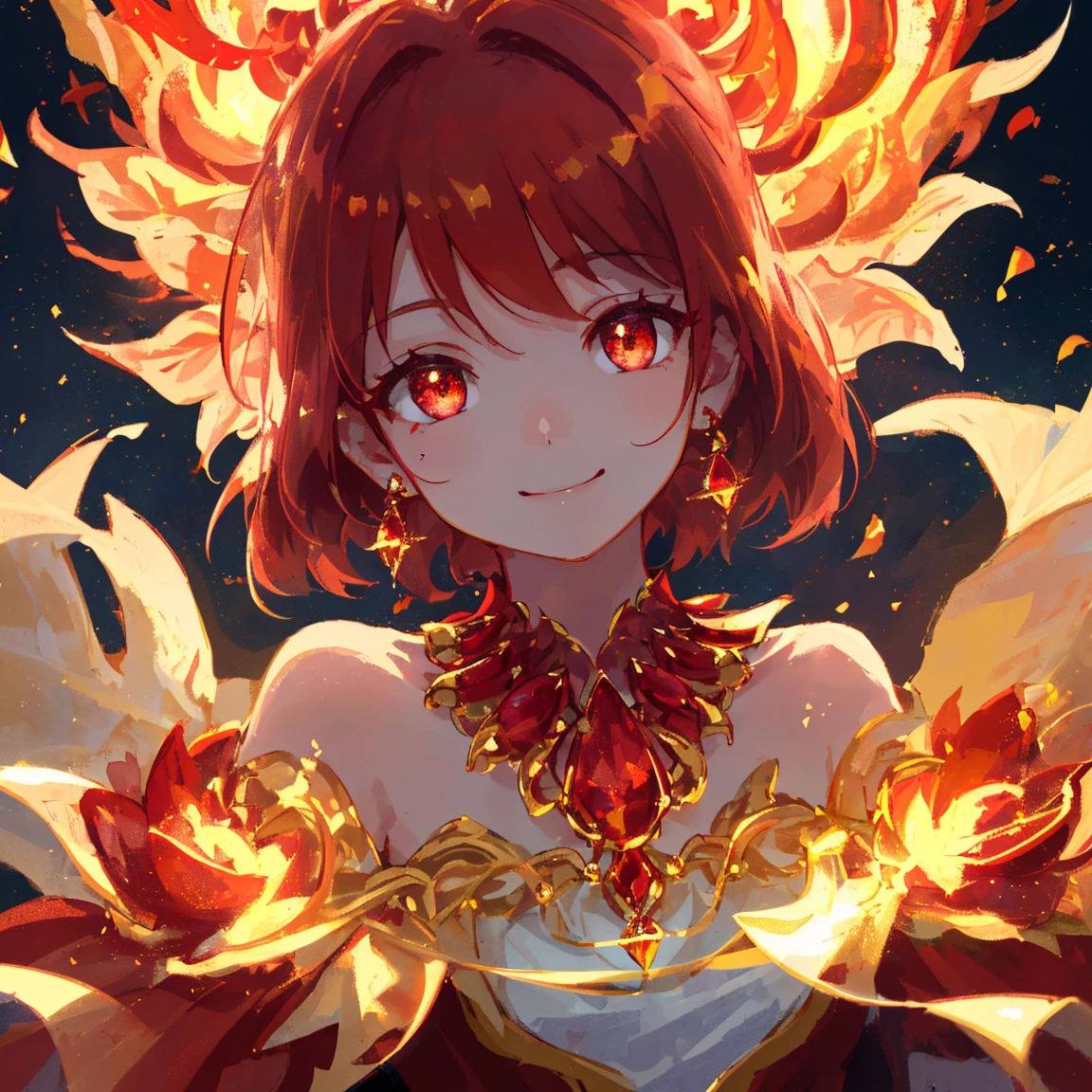 1 girl masterpiece, highest quality, shape,A smile like the sun, Ruby eyes and hair, Ruby earrings, Ruby necklace, flame, fire fairy, cute, (dynamic lighting:1.2), cinematic lighting, delicate features, fine eyes, sharp pupils, realistic student, written boundary depth, Bokeh, sharp focus, (very detailed, bloom, shine:1.4), lots of little gems