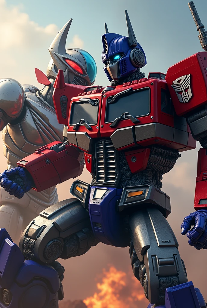A highly detailed digital illustration of Optimus Prime, the leader of the Autobots, and Kamen Rider, an armored superhero, engaged in an intense battle, dramatic lighting, cinematic high-quality rendering, dynamic action poses, gritty sci-fi atmosphere, intricate mecha design, vibrant color palette, hyper-detailed textures, cinematic camera angle, masterpiece, (best quality,4k,8k,highres,masterpiece:1.2),ultra-detailed,(realistic,photorealistic,photo-realistic:1.37)