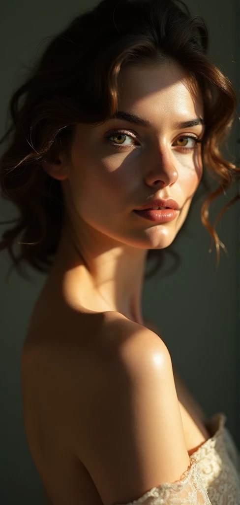 Full body portrait of a woman embodying the classical beauty ideals, exuding elegance with a piercing gaze, piercing eyes, sensual poses, soft volumetric natural light with chiaroscuro technique adding drama, in a style reminiscent of Robert Mapplethorpe, photographed from a low-angle with a close-up approach, HDR, captured in a raw format, artistic composition, dramatic lighting, ultra fine detail, digital painting.