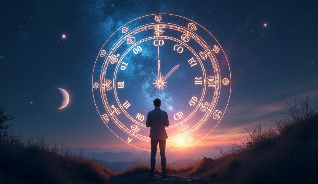 A striking image of a cosmic clock with its hands pointing to the specific birth date, surrounded by vibrant, glowing zodiac signs and planetary symbols. In the foreground, a confident figure stands with a thoughtful expression, holding a celestial map that shows their astrological chart. The background features a starry night sky blending into a soft, radiant light, symbolizing revelation and cosmic connection. The overall atmosphere should convey a sense of awe and discovery, enticing viewers to explore the secrets their birth date holds. -ar 16:9