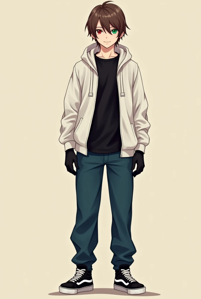 The portrait of the male person must carry:

- Heterochromia, with one dark green eye and the other dark red eye - Light skin with a pinkish tone - Slightly long and straight brown hair - A soft and expressive smile - A cream or beige colored background - Must have clothes like a black t-shirt, white sweatshirt , Marine blue pant, Black and white tennis shoes and black gloves - Must be about 22 years old - Must be one meter and seventy centimeters tall 