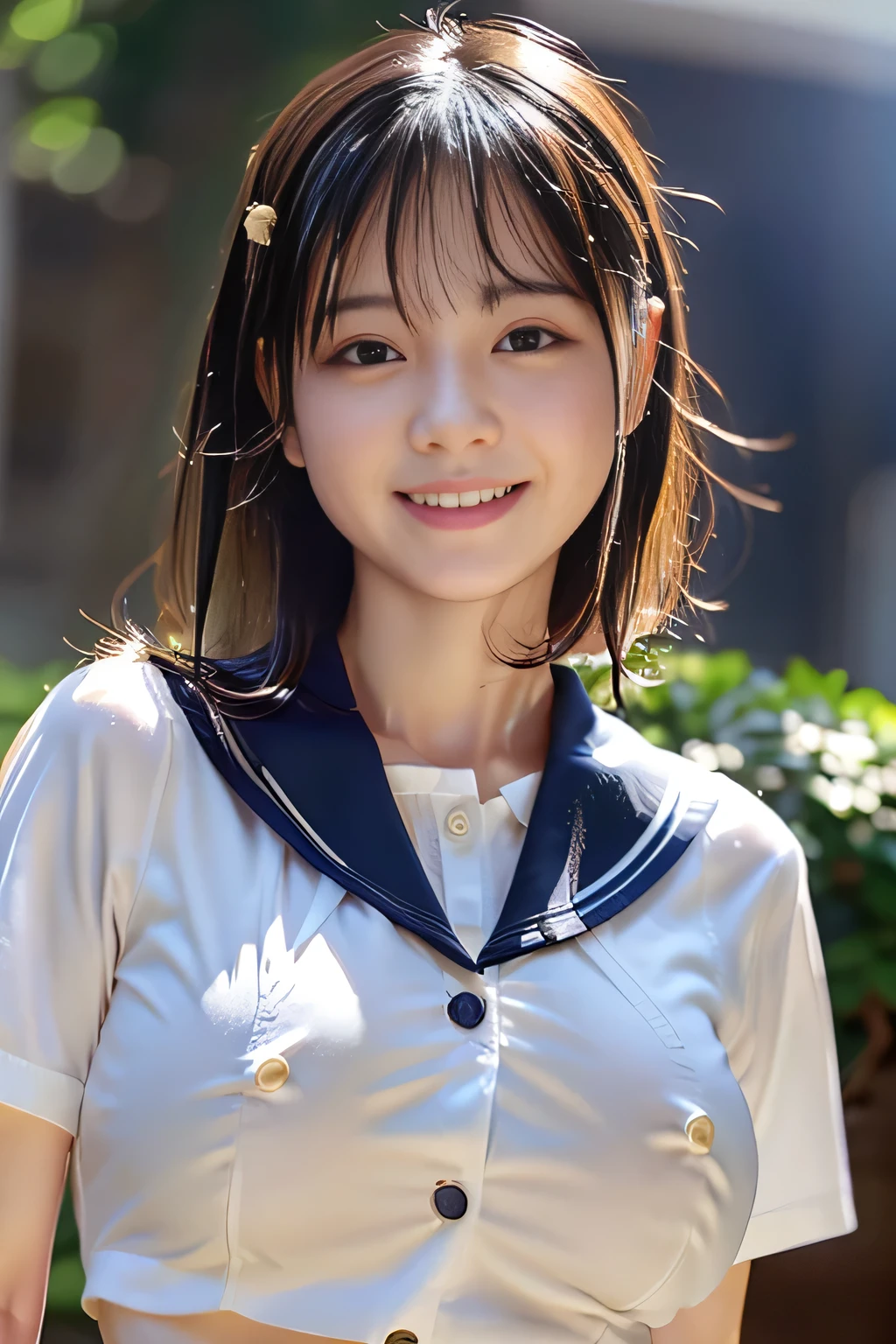 Enhanced dynamic perspective，cute cute beautiful girl，JK uniform，look at me and smile，simple background，works of masters，high quality，4K resolution，super fine，detailed pubic hair，Accurate，cinematic lighting，Retains original facial proportions、(big and full breasts:1.3)、((button gap))、(very wet body:1.4)