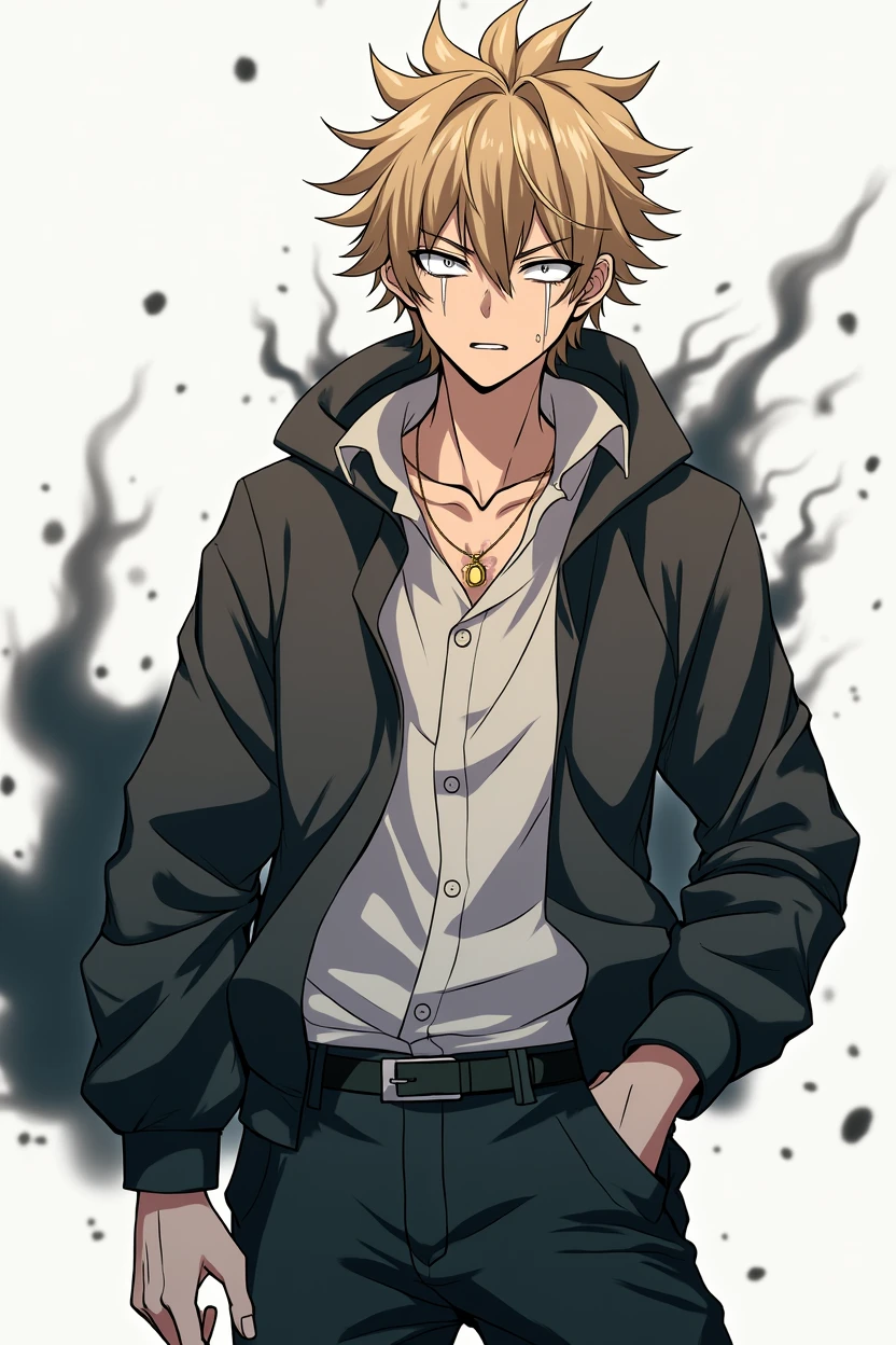 entity, masculine, adolescent, black and white, white eyes without pupils, blond hair, athletic body, manga style, black aura coming out of his entire body, angry face, intimidating, Closed mouth, enojado, estilo de dibujo desordenado, muchos detalles faciales con rayas, odio, wounds, anime, 4k, White background