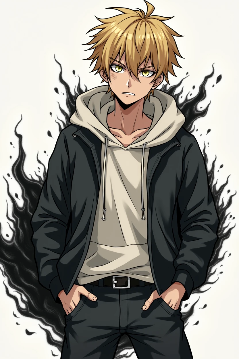entity, masculine, adolescent, black and white, white eyes without pupils, blond hair, athletic body, manga style, black aura coming out of his entire body, angry face, intimidating, Closed mouth, enojado, estilo de dibujo desordenado, muchos detalles faciales con rayas, odio, wounds, anime, 4k, White background