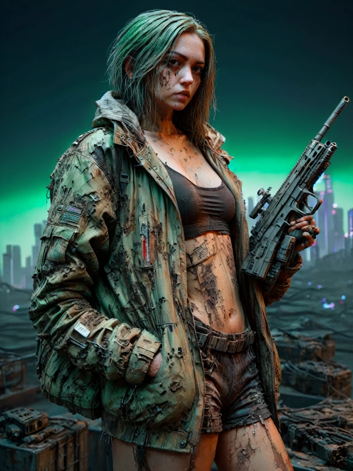 Beautiful girl with small breasts, wearing a sturdy jacket, by the wide, Machine gun weapons in cyberpunk night scene., cyberpunk red green background