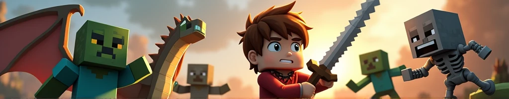boy with brown hair, Eye Brown, and small diamond earring, com terno preto, minecraft style, with a sword, Fighting with a dragon, A zombie, a spider, and a skeleton.
