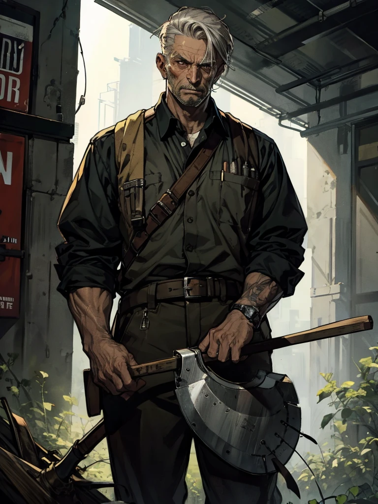 A country man, checkered clothes, old gray hair He has brown eyes and a tired face, he has weeds in his mouth, He is holding a bloody axe and has an evil look in his eyes. In a dystopian setting..