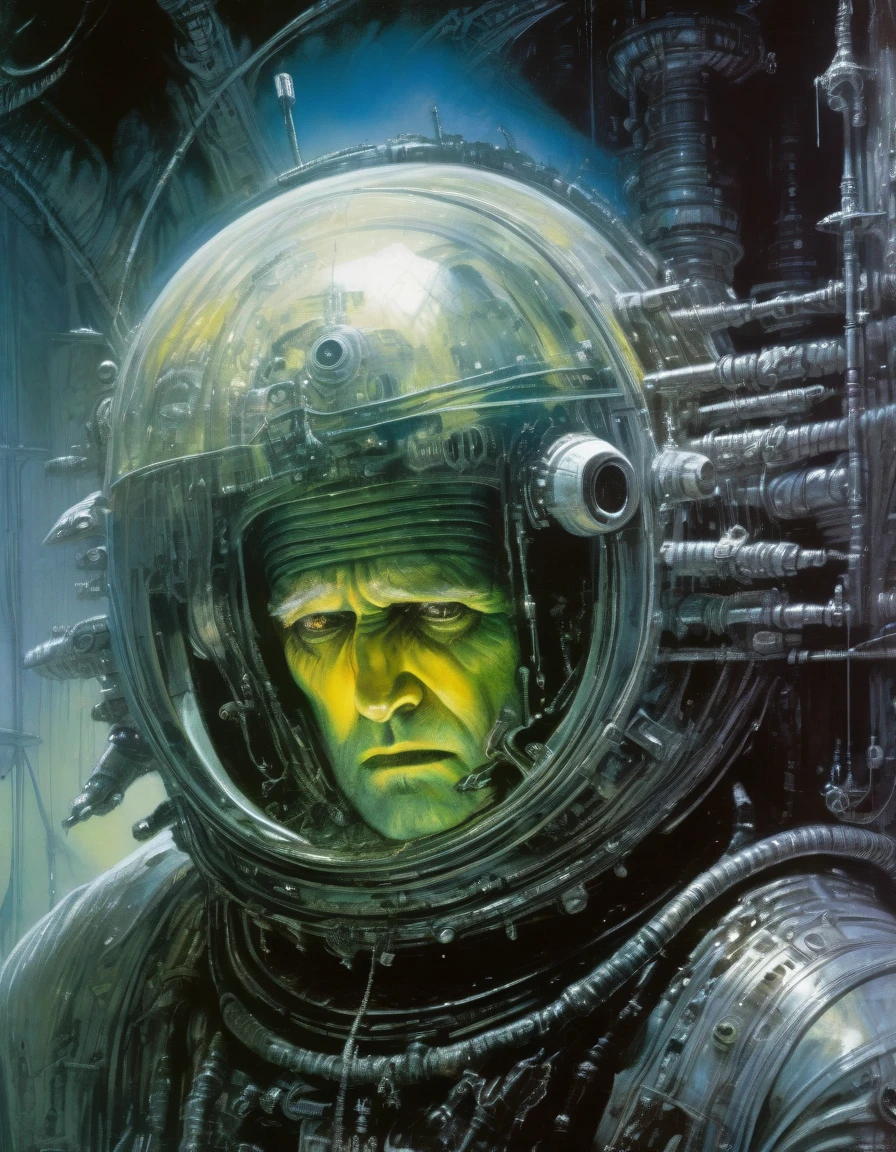 "Close-up, front-facing view of a scavenger, his face reflecting horror, within the chilling confines of a derelict space station. Sharp contrasts, lavishly intricate, drawing from H.R. Giger", surrealism, weird and pissed off, oil on canvas, dry brush, John Berkey Style