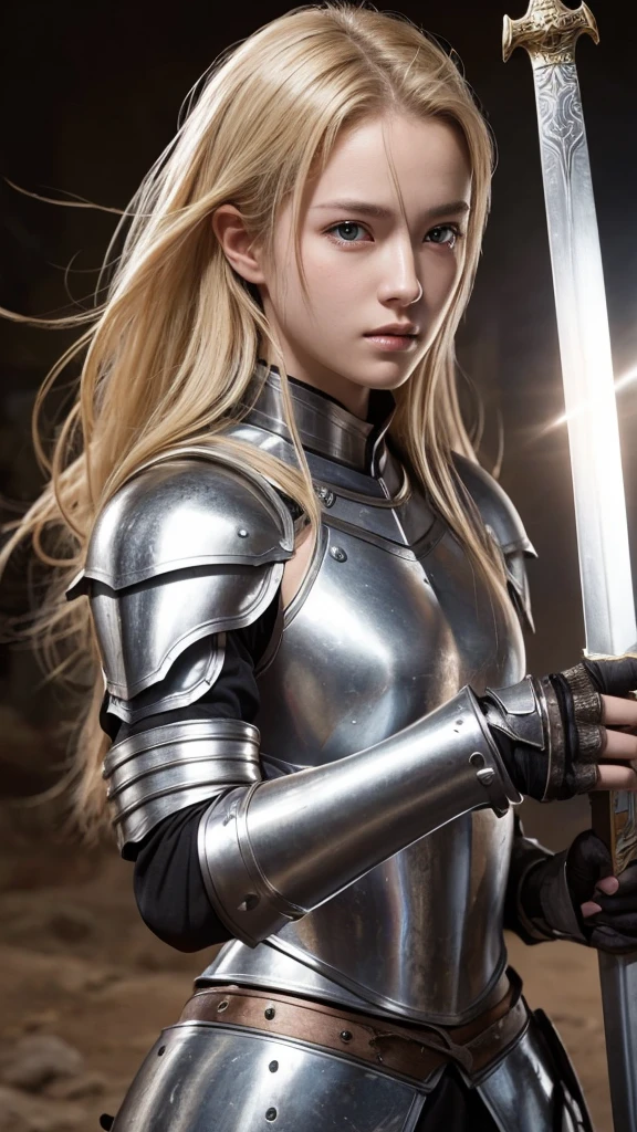 A female knight with a two-handed sword in her hands in an attacking position. Silver armor without helmet, leaving her face with fine features and blond hair to shine