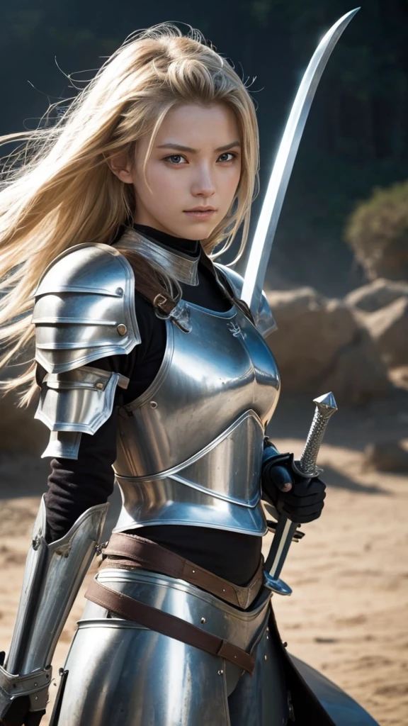 A female knight with a two-handed sword in her hands in an attacking position. Silver armor without helmet, leaving her face with fine features and blond hair to shine