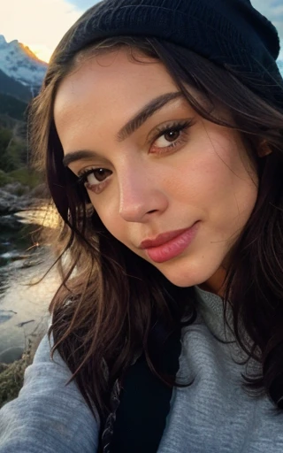 photorealistic, best quality, hyper detailed, beautiful woman, , hispanic, scarlet witch, b cup breasts,selfie photo, upper body, solo, wearing pullover, outdoors, (night), mountains, real life nature, stars, moon, (cheerful, happy), sleeping bag, gloves, sweater, beanie, flashlight, forest, rocks, river, wood, smoke, fog, clear sky, analog style, looking at viewer, skin texture, film grain, close up, ultra high res, best shadow, RAW, instagram LUT open top showing off her breasts perfect naked breast