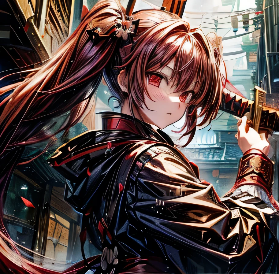 Dark red hair in twin tails　Yagyu Shinkage-ryu Sword Master&#39;s License　Presence　Japanese sword　Beauty　swordsmanship　　Yan Fei&#39;s Sword　Nine Swords　One Yen Stance　Swordless Capture　front　Surrounded by Enemy Samurai　Whole body　Yagyu Jubei　Maid　Hyakka Ryoran Samurai Girls
