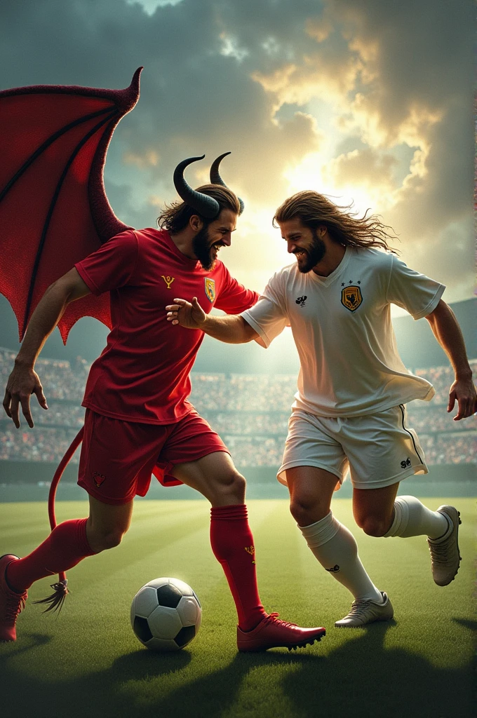Devil in red playing football with Jesus in white