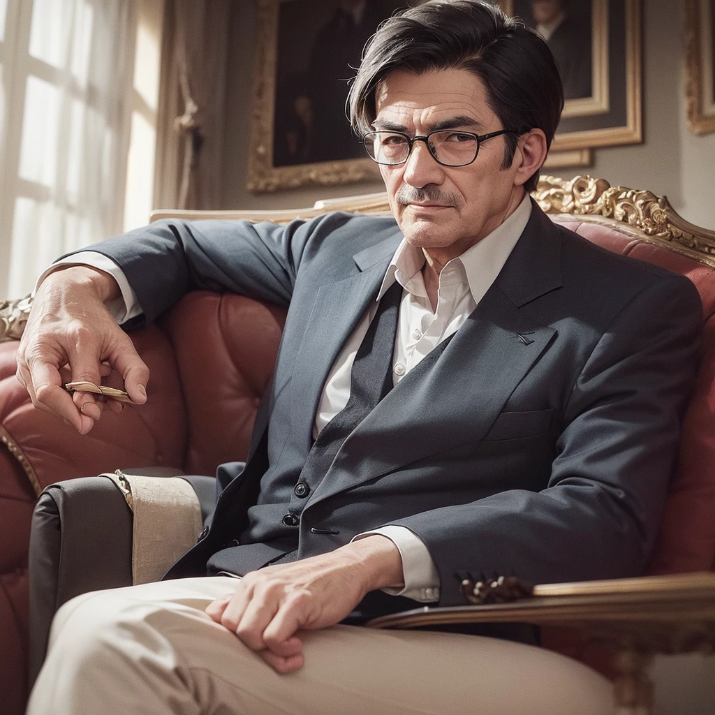 an elderly man with a white shirt, tie, wearing glasses and black hair, sitting on a sofa in a house, detailed portrait, realistic, photorealistic, 8k, ultra-detailed, masterpiece, dramatic lighting, cinematic, warm color tones, high quality