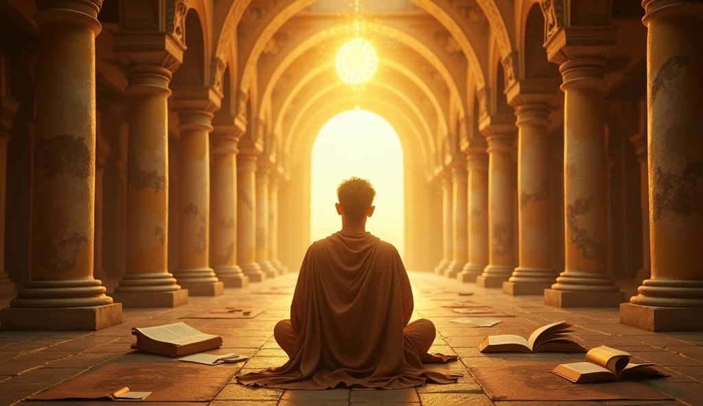 A seeker sitting in a beautiful, ancient temple, surrounded by books and scrolls, but focusing on a single, glowing orb of light that represents enlightenment. The seeker’s expression is one of deep understanding and peace, with the temple bathed in golden, ethereal light. The atmosphere is one of wisdom and inner focus. -ar 16:9