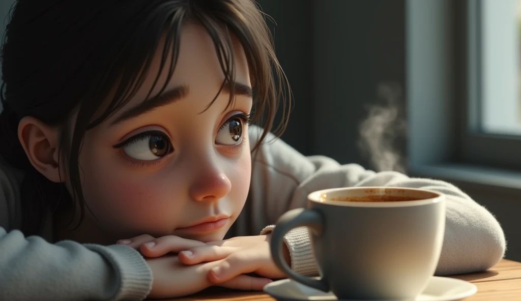 A cup of coffee with a tired face, with another cup of coffee next door.