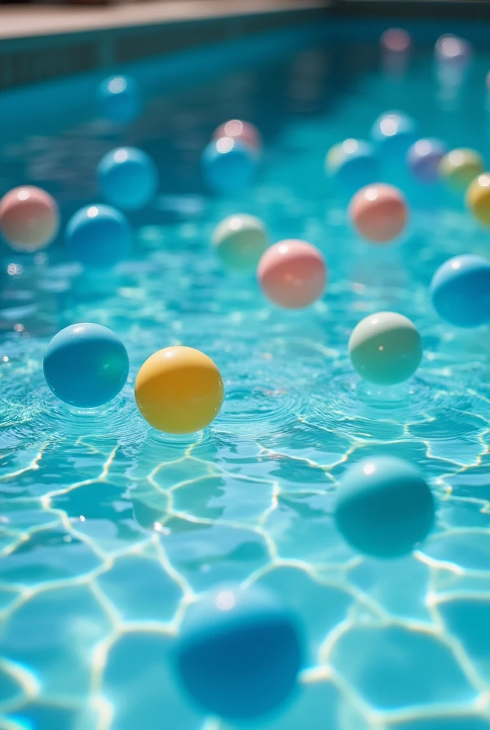 I need an image of a pool containing small inflatable balls that are being distributed randomly by a person with a tool that allows it.