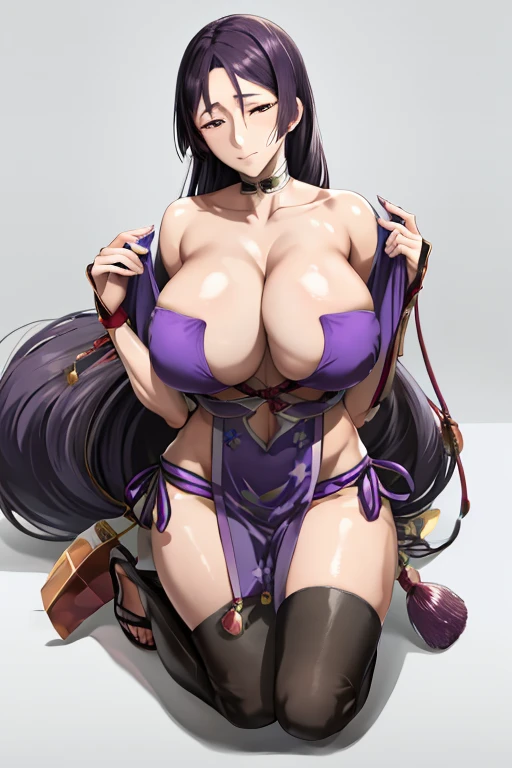 masterpiece, best quality, beautiful art, high resolution, well formed hands, body and fingers, 1 woman, solo, Minamoto no raikou, 31 years old, hair ornament,  adult, grown up, big breasted, cleavage,  full body, braided long hair, blue_japanese_clothes, wearing DOA Kasumi's blue kunoichi dress, sexy and skimpy japanese clothes, kimono peek, sleeveless, panties peek, white stockings, gorgeous legs and thighs,ryona,in peril, she is  defeated, knocked out, passed out, closed eyes, exhausted, unconscious, laying down on the sand, extended exposed body, full body on the sand, breathing heavily, sexy smirk on her face, bouncing breasts, sexy defeated pose, defeat and KO scene, fallen beauty, martial arts tournament with beach environment.                                    