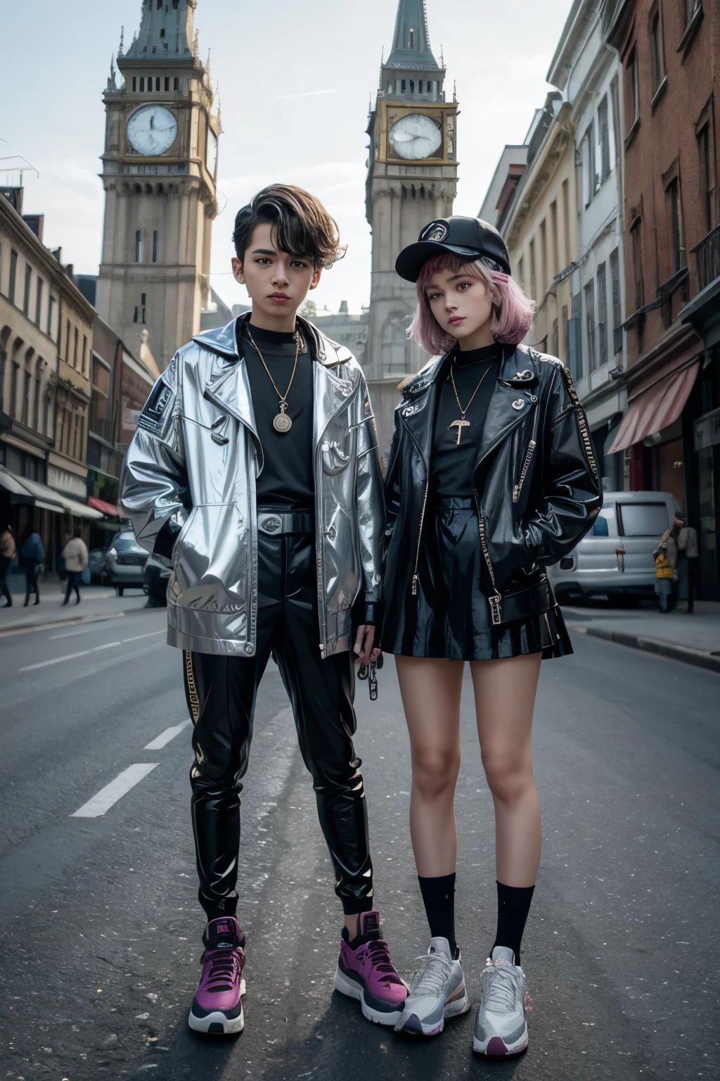 Por favor, Create an image of a teenager dressed as a time traveler. They are wearing a futuristic jacket with shiny elements, mismatched retro accessories from different eras and high-tech sneakers. Their hair is styled boldly and they hold a vintage pocket watch.. The background shows a mix of past and future elements, like an ancient clock tower and a futuristic cityscape.