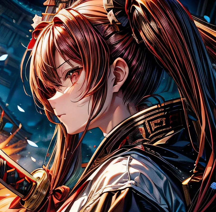 Dark red hair in twin tails　Yagyu Shinkage-ryu Sword Master&#39;s License　Presence　Japanese sword　Beauty　swordsmanship　　Yan Fei&#39;s Sword　Nine Swords　One Yen Stance　Swordless Capture　front　Surrounded by Enemy Samurai　Whole body　Yagyu Jubei　Maid　Hyakka Ryoran Samurai Girls
