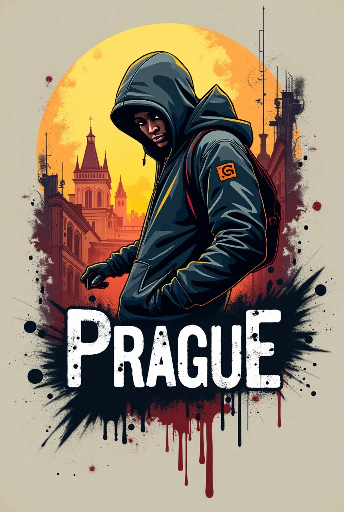 create a clothing brand logo with the name "prague" streetwear style with a background character