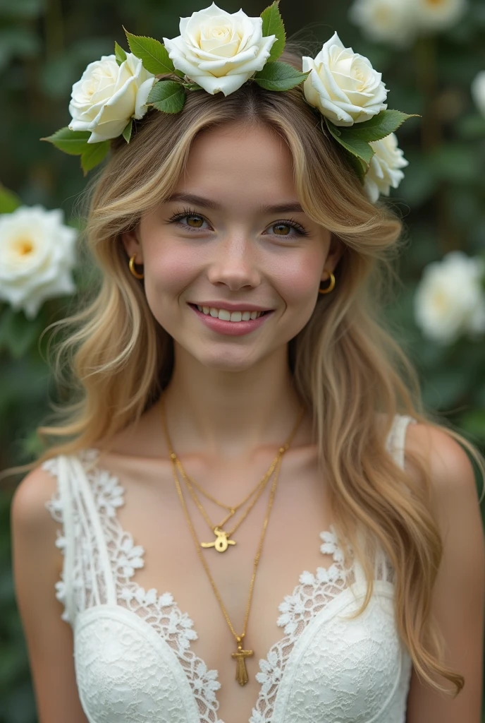 Rose line ,White Rose, Scottish girl, another lost Holy Grail, ((many White rose Flower on park:1.3)), looking at viewer, Scottish woman , 18 age old, (gold hair, middle hair, , fringe brown eyes, beautiful lip, big smile), gold crescent earrings, gold neckless, ((white flower crown, little Rose crown )), (big breasts, slender whist, wide hip) ,((White lace Wedding dress, White Hi-heal)), in London Church, textured skin , HI detailed skin, (foreshortening, Canon, UHD, anatomically correct, super detail, high details, highness,