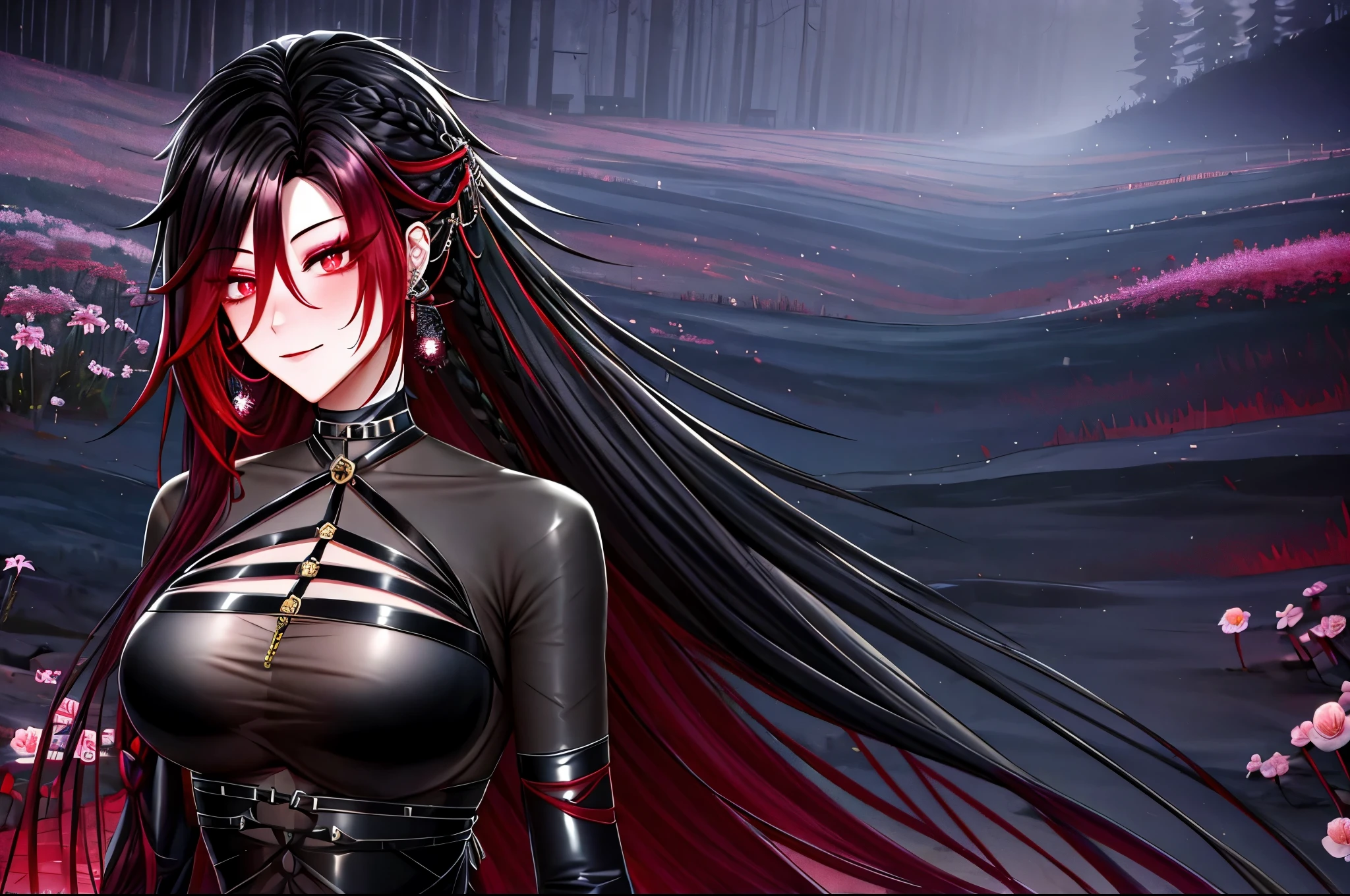 shoujo style, frosty style, (romantic manhwa), 1 girl, black cyclamen hair, solo, long braided hair, long braid, dress, red cyclamen eyes, mascara, makeup, elbow gloves, bra, jewelry, many ear piercings , viewer, collarbone, accessories, upper body, parted bangs, braided hair, side braid, black dress, bangs, outdoors, detailed eyes, dynamic cut, walking in a rose field at night, flowers, warm, summer environment, beach, evil smiles 