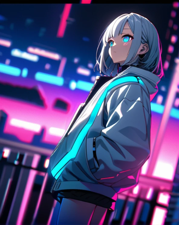 cyber punk,Gray Hair,蛍光のGray Hair,Fluorescent blue eyes,cyber punkな背景,Blurred Background,White jacket,Rainbow High Resolution, High detail, Ultra high definition, Glowing blue highlighter, Wide-angle shot, 