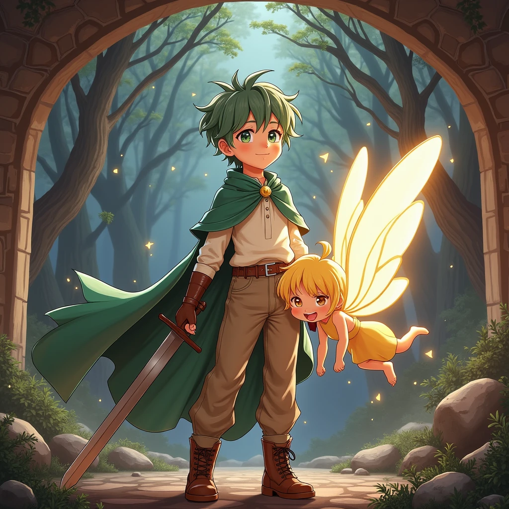 Riku: 16 years old〜18-year-old、Short green hair、Green Cape(Center button)、Off-white clothing、Brown trousers(The hem is not rolled up)、Brown boots、right handed、The sword is sheathed at the waist。
thread: small, Cute human shaped fairy、Shiny Gold。
シーンの描写
Rikuとthreadが精霊の泉に辿り着き、threadが金色の光を放ちながらRikuの前に浮かんでいる様子。Rikuは泉をbackgroundに立っており、threadに向かって穏やかな表情で見つめています。Rikuは右足を前に出して歩くようなポーズで描かれています。background、There is a spring with a mysterious atmosphere.、The area is surrounded by abundant nature..。