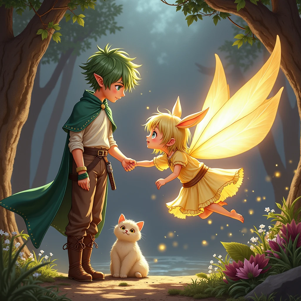 Riku: 16 years old〜18-year-old、Short green hair、Green Cape（Center button）、Off-white clothing、Brown trousers（The hem is not rolled up）、Brown boots、right handed、The sword is sheathed at the waist。
thread: small, Cute human shaped fairy、Shiny Gold。
シーンの描写
Rikuとthreadが精霊の泉に辿り着き、threadが金色の光を放ちながらRikuの前に浮かんでいる様子。Rikuは泉をbackgroundに立っており、threadに向かって穏やかな表情で見つめています。Rikuは右足を前に出して歩くようなポーズで描かれています。background、There is a spring with a mysterious atmosphere.、The area is surrounded by abundant nature..。