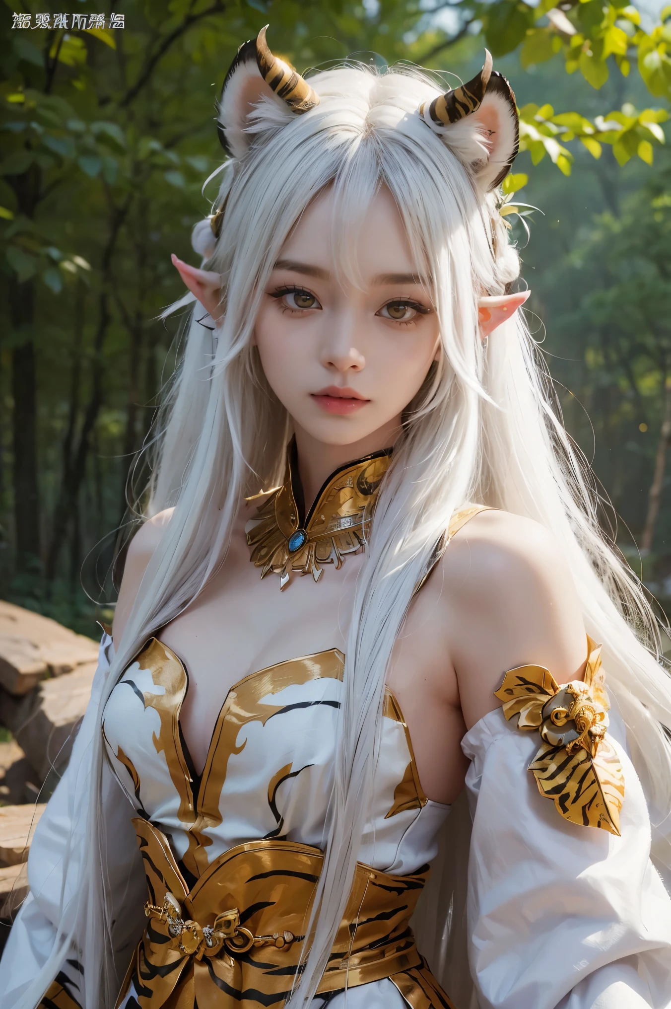 ( Absurdly , high quality , Very detailed,View Photographer)、(White super long straight hair)、White Tiger Queen、Hair Access、(((Tiger ears and two horns)))、Beautifully detailed tiger-patterned dress and armor、Tiger-inspired costume、Tattoo with a tiger print、Queen of Queens、(masterpiece, 最high quality, 最high quality, Official Art, Beauty and aesthetics: 1.2), (One girl: 1.3)、Forest Background