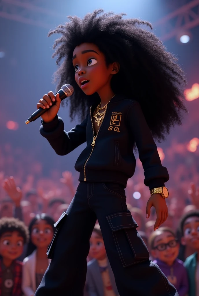 Disney Pixar (YOUNG BLACK MAN WITH LONG, CURLY BLACK HAIR) He is performing in a big show with a big crowd, in a black sports jacket with Wy Strong Sil writing, wide black pants with lots of pockets, black sneakers, many gold threads around the neck, gold watch on wrist, ( It doesn't change the appearance of the face and the hair is already perfect) pixar, cool and stylish