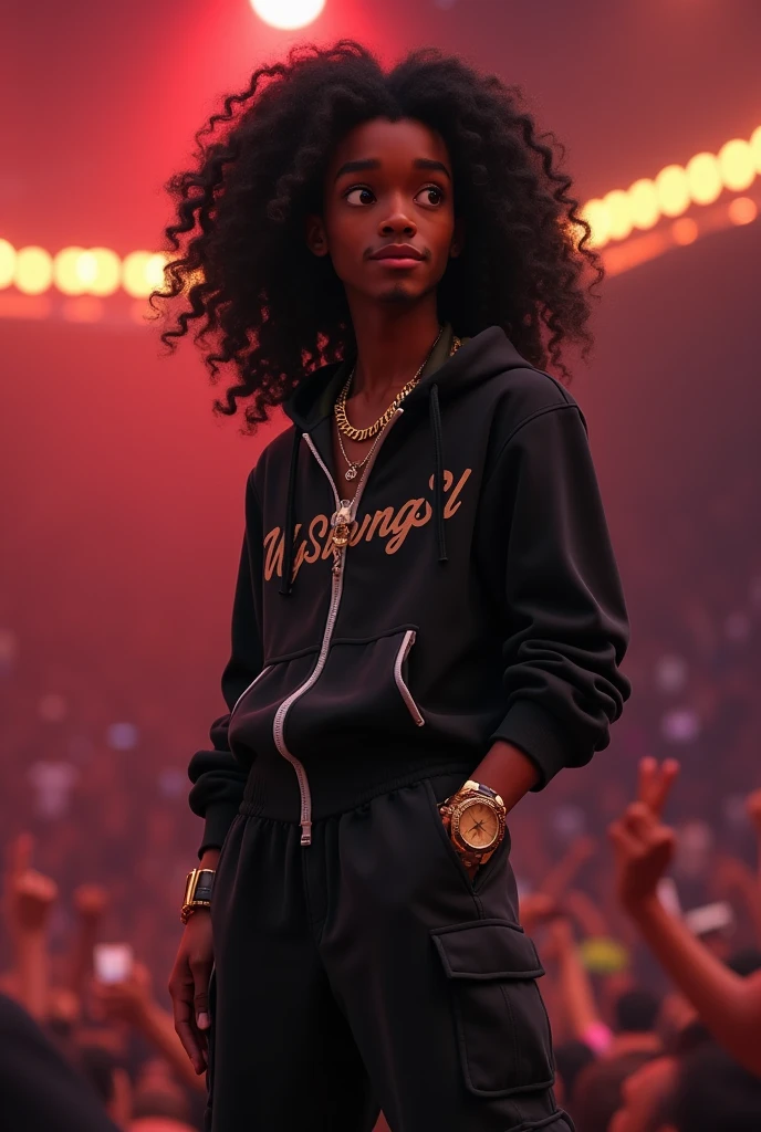 Disney Pixar (YOUNG BLACK MAN WITH LONG, CURLY BLACK HAIR) He is performing in a big show with a big crowd, in a black sports jacket with Wy Strong Sil writing, wide black pants with lots of pockets, black sneakers, many gold threads around the neck, gold watch on wrist,  ( It doesn&#39;t change the appearance of the face and the hair is already perfect) pixar, cool and stylish