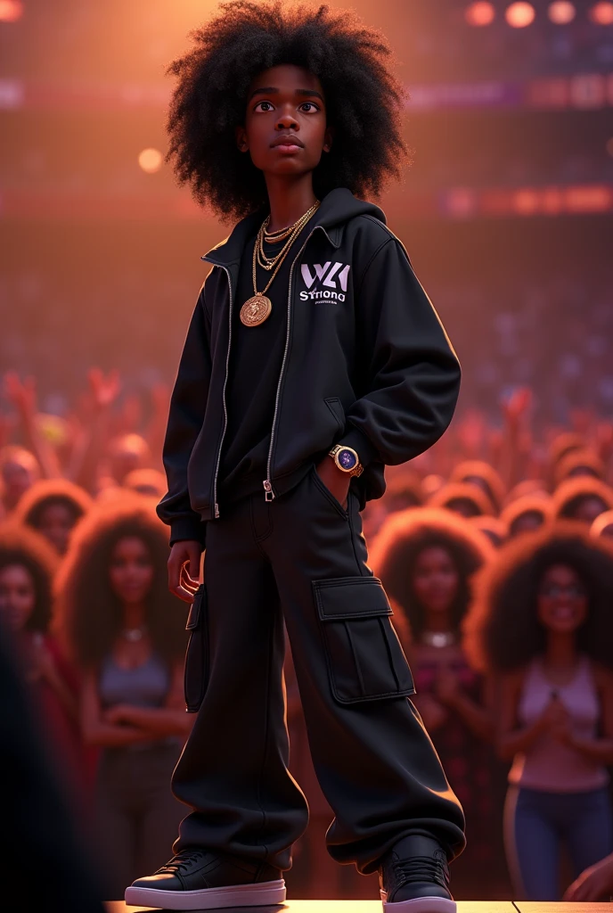 Disney Pixar (YOUNG BLACK MAN WITH LONG, CURLY BLACK HAIR) He is performing in a big show with a big crowd, in a black sports jacket with Wy Strong Sil writing, wide black pants with lots of pockets, black sneakers, many gold threads around the neck, gold watch on wrist,  ( It doesn&#39;t change the appearance of the face and the hair is already perfect) pixar, cool and stylish