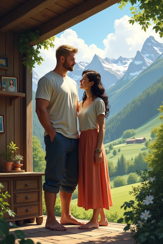 A Catholic couple living together in Switzerland. The man is tall, blond, stark, american football player. the woman is thin, Linda, medium dark wavy hair.