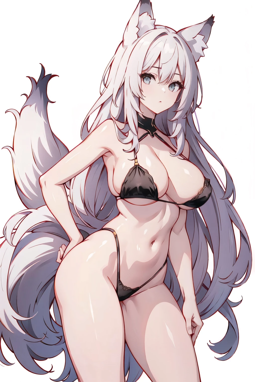 a one woman, 9 fox tails, fox ear, (Super Long Hair rosa), defined body, shameful look, posse sexy, lingerie, big boobies
