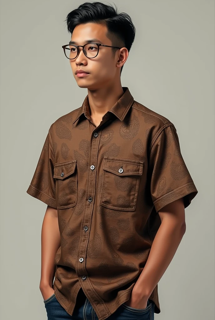 Photorealism An 18 year old Indonesian man with a short, thin body wearing brown batik with a short haircut (short slicked back) ,jeans wearing oval glasses