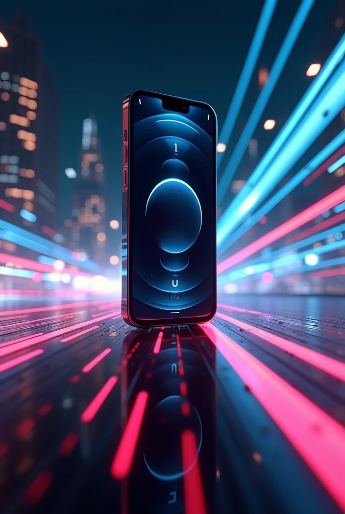 An iPhone 15 at the center of a futuristic scene, surrounded by speed effects and light lines suggesting rapid movement. You can include a graphical representation of loading speed or performance. as Visual Effects: Add speed effects and visual distortions that convey the idea that the iPhone is “traveling” through time.