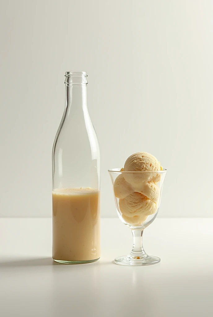I want an image of a glass bottle next to a glass but the glass has the same shape as the bottle. The idea is that you can see that the bottle was used to make it into a glass and that the glass has ice cream.
