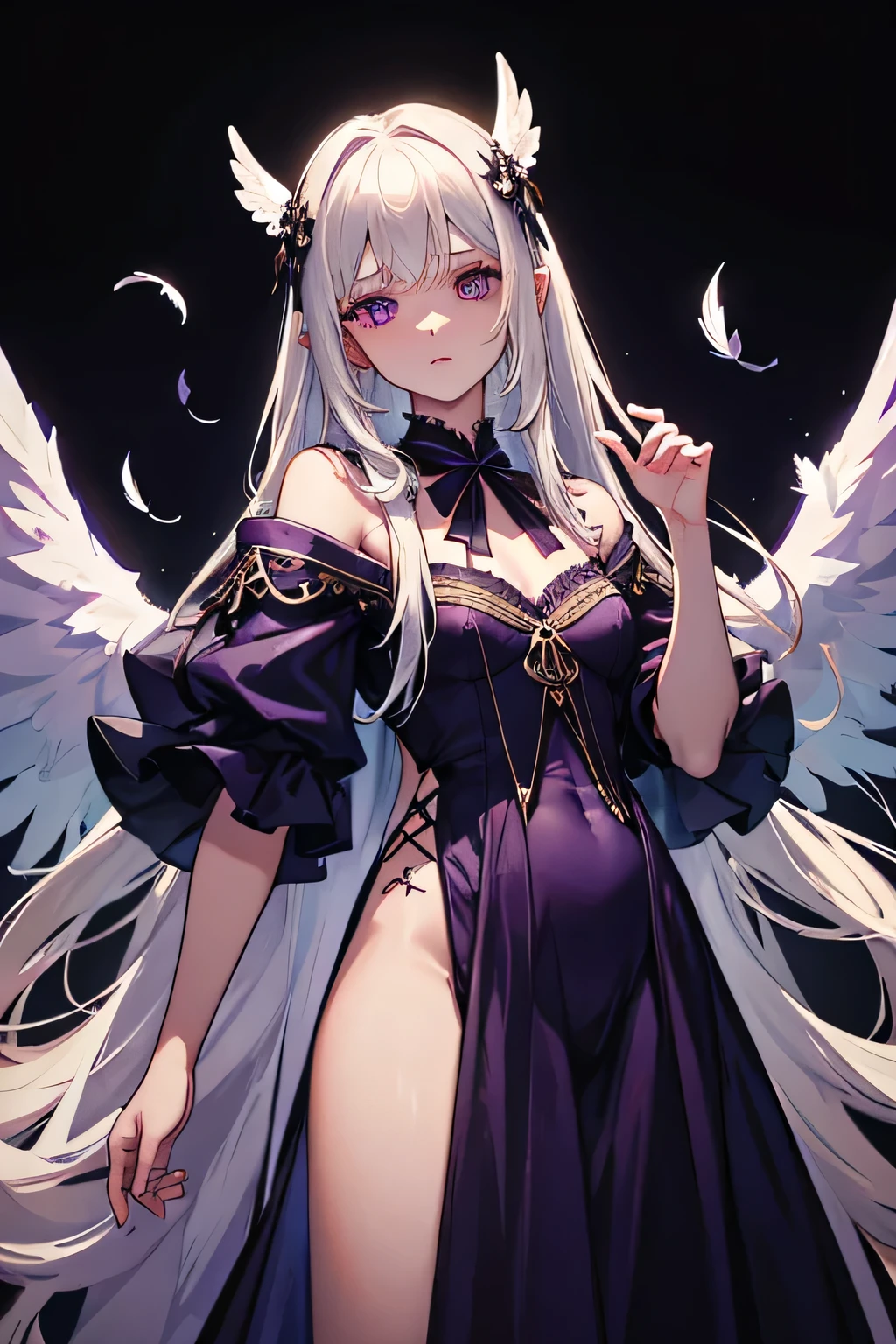 a female angel with long wings, with long white hair and purple eyes. wears a peasant dress, black with purple. small feathers above the ears. expression of debauchery. black background
