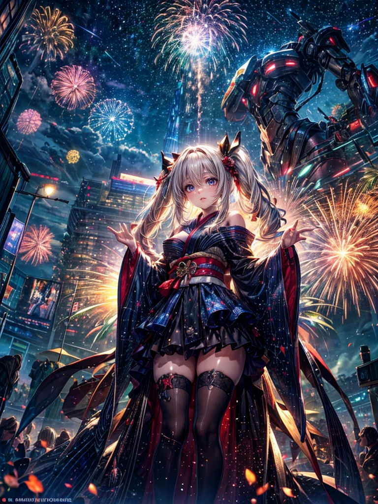 High resolution, Winner of numerous awards, Ultra high definition, Textured skin, Retina, 
masterpiece,(bestquality),highlydetailed,ultra-detailed,1girl, （A composition where a girl is sitting on the shoulder of a giant robot or in the palm of a giant robot’s hand.:1.4）（Girl standing on robot hand、Watch the fireworks）(fantasylandscape:1.2,natural lighting:1.5,confidentexpression),(panorama:1.2),mecha, smile,angle、chrome,raw（A beautiful girl in a yukata with blonde twin tails:1.5）Fireworks go off🎇、（Fireworks lighting）(Starry Sky)