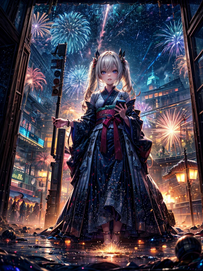 High resolution, Winner of numerous awards, Ultra high definition, Textured skin, Retina,
masterpiece,(bestquality),highlydetailed,ultra-detailed,1girl, (A composition where a girl is sitting on the shoulder of a giant robot or in the palm of a giant robot’s hand.:1.4)(Girl standing on robot hand、Watch the fireworks)(fantasylandscape:1.2,natural lighting:1.5,confidentexpression),(panorama:1.2),mecha, smile,angle、chrome,raw(A beautiful girl in a yukata with blonde twin tails:1.5)Fireworks go off🎇、(Fireworks lighting)(Starry Sky)