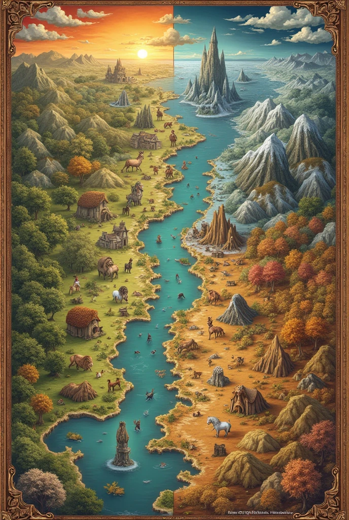 Design a medieval map of the world where it is divided into four sections based on the four seasons (summer, spring, autumn and winter)