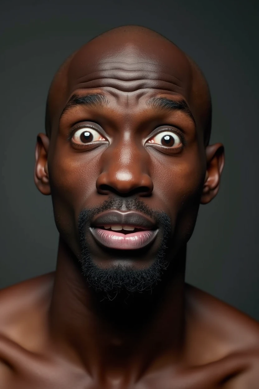 bald black man,sound , with bulging eyes, approximately 22 years old with a surprised face and thick lips, big nose, It's practically a meme