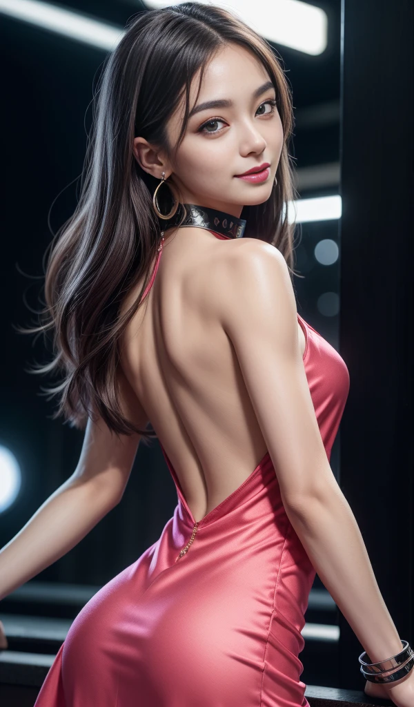 8k, masterpiece, RAW photo, The best quality, detail:1.2),photorealistic, Extremely detailed CG unifies 8k wallpapers, depth of field,  (extremely beautiful face, Beautiful lips, beautiful eyes), Cara de detail intrincado, ((ultra detailed skin)) 1girll, In the day, Pretty Korean girl, Kpop idol,(Cuerpo musculoso very thin y delgado:1.3), ((See the viewer)),(big smile), (Mini slim mini dress),(pink dress), (Injection cuff) , (evening de la ciudad, (Neon light sign), (evening), Pretty Korean girl, earrings, bracelet, collar, shackles, light eyes, andante , (Pale skin), Face forward, (large eyes), ((Upper body shots)), Dress well, silk dress , Go back, rear shot, very thin, Slander