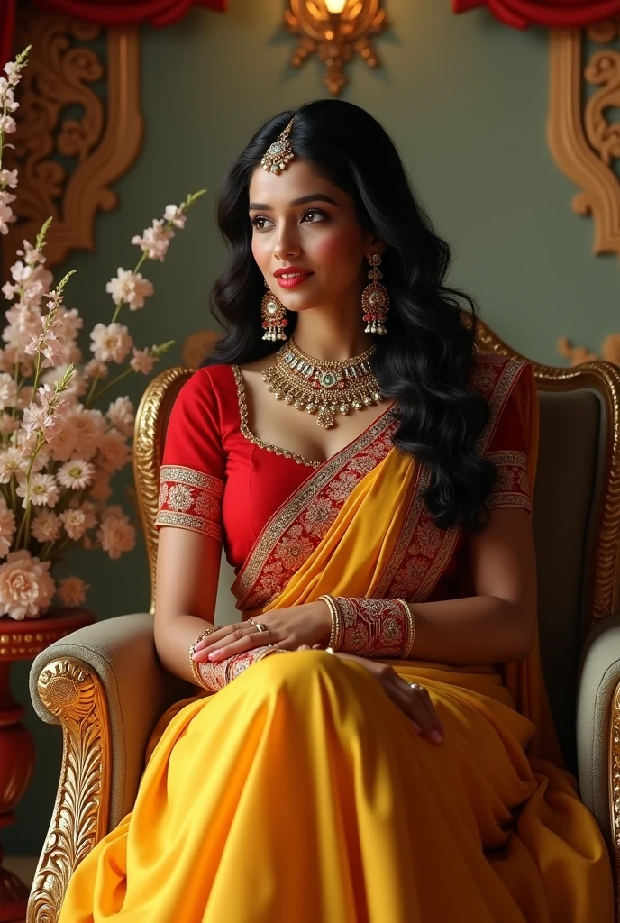 (photorealism:1.2), beautiful bengali bride, wearing royal yellow saree and red blouse and royal jewellery, huge breast, big nipples, sitting on a wedding chair , with royal wedding decoration, long curly hair, indoors, soft lighting, relaxed pose, realistic, intricate details, warm colors, red lip colour.