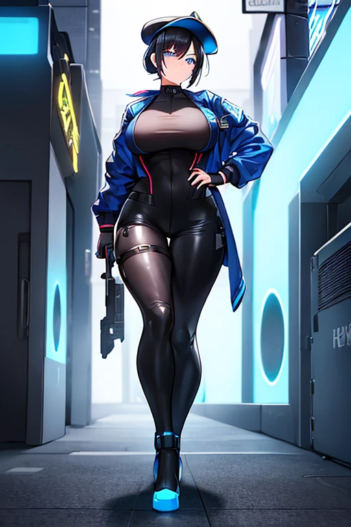 1girl, black hair, short hair, ponytail, long ponytail, blue eyes, large breasts, toned, hourglass figure, serious, blue jacket, bodysuit, black bodysuit, policewoman, police hat, police, neon, neon trim, futuristic, science-fiction, machinery, tech, full_body, ((full body))z standing, high heels