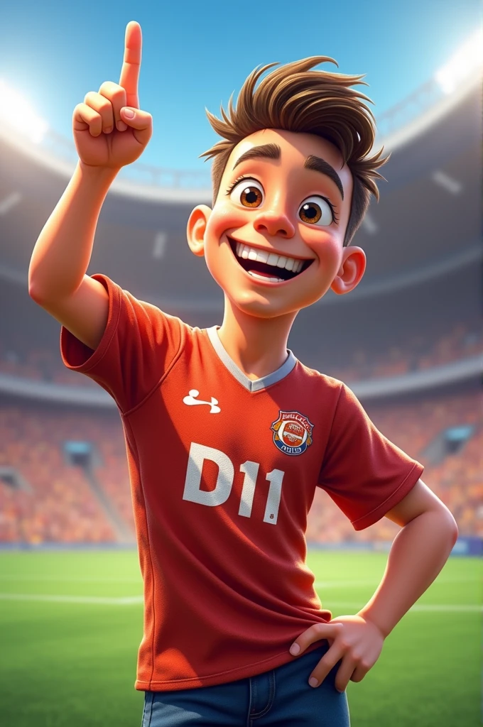 a character who is happy with a D1 shirt and points up to the left with his right hand