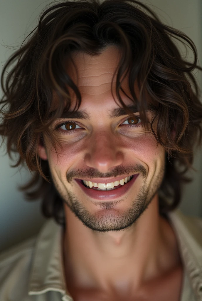 naughty man, Youngh, medium long hair, eyes browns, stark, Grinning, offwhite